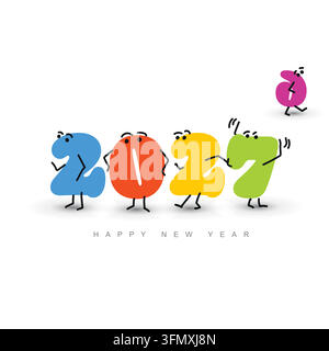 Célébration du Nouvel An 2027 avec des personnages en forme de chiffres mignons. Ce design du Nouvel An 2027 montre des personnages amusants faisant au revoir à 2026 sur un c Illustration de Vecteur
