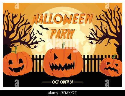 Célébrez Halloween avec cette invitation à une fête effrayante mettant en scène des citrouilles sculptées, des chauves-souris et une pleine lune. Parfait pour les festivités du 31 octobre et les événements hantés Illustration de Vecteur