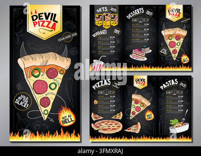 Modèle de carte de menu de restaurant Classic Retro Pizza diable épicée en tripliant - 17x11 po Ledger plié en trois - illustration vectorielle Illustration de Vecteur