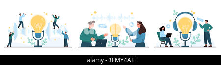 Concept de production de podcast et de musique avec microphone, casque, forme d’onde, ordinateur portable et équipe créative collaborant autour d’icônes d’enregistrement audio isolées sur fond blanc, illustration vectorielle Illustration de Vecteur