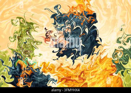 Composition artistique fluide abstraite présentant des tourbillons de marbre numérique dans des tons bleu marine, orange, vert et crème. Des formes organiques fluides créent une décoration vibrante b Banque D'Images