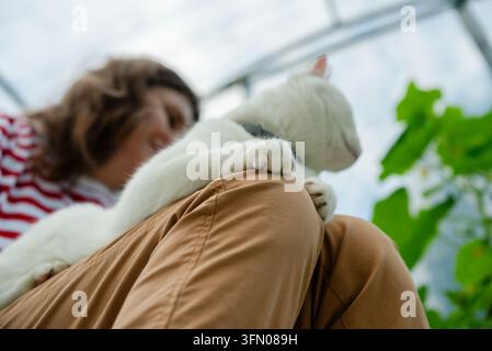 Femme calme assise confortablement avec son chat adoré sur les genoux, profitant d'un moment de sérénité et de compagnie paisible à la maison. L'image capture l'essence d'une possession d'animal de compagnie satisfaite dans un cadre de salon confortable Banque D'Images