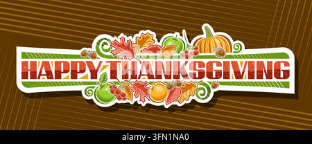 Carte de vœux vectorielle pour le jour de Thanksgiving, panneau horizontal blanc avec illustration de symboles de Thanksgiving – composition de fruits et légumes et orange Illustration de Vecteur