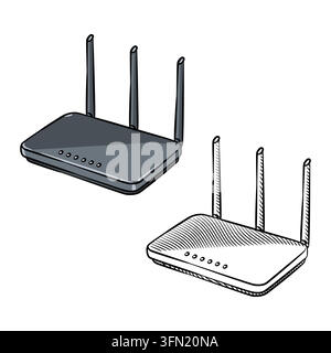 Illustration vectorielle isométrique dessinée à la main de routeurs Wi-Fi Internet avec antennes dans un style de croquis linéaire détaillé. Cette technique monochrome propre Illustration de Vecteur