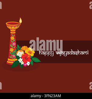 Carte de vœux du festival Vijaya Dashami joyeux avec diya à l'huile et fleurs Illustration de Vecteur