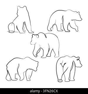 Une collection de vecteurs d'art en ligne continue d'ours élégants avec des illustrations minimalistes en trait unique. Parfait pour le branding d'aventure en plein air, int Illustration de Vecteur