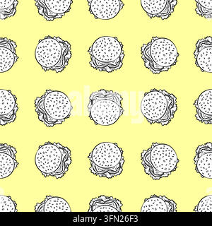 Motif burger monochrome dessiné à la main sans couture avec des contours noirs sur un fond jaune pastel. Parfait pour les emballages de restauration rapide, menu de restaurant Illustration de Vecteur