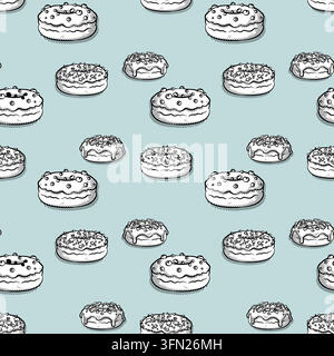 Motif en ligne dessiné à la main représentant divers donuts monochromes sans couture avec des contours noirs et une gravure détaillée sur un fond bleu-gris clair. Idéal Illustration de Vecteur
