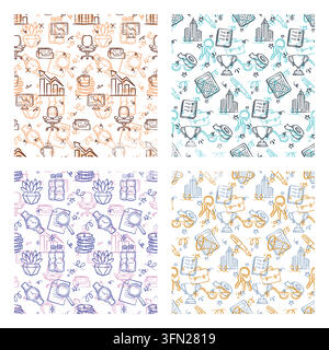 Quatre motifs professionnels en grille répétitifs présentent des motifs d'entreprise dessinés à la main, notamment des bureaux, des calculatrices financières, du char de gestion Illustration de Vecteur