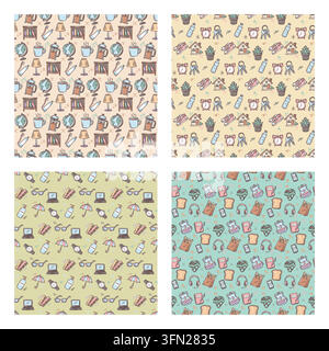Motif sans couture d'objets de style de vie dessinés à la main en forme de gribouillis, comprenant des articles ménagers, des appareils électroniques, des plantes et des accessoires dans des couleurs pastel douces. Perfec Illustration de Vecteur