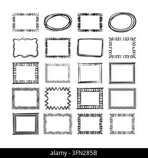 Ensemble vectoriel ébauché comprenant des cadres rectangulaires dessinés à la main, des bordures ovales, des bords texturés et des motifs de gribouillis abstraits. Traits d'encre noirs nets sur un Illustration de Vecteur
