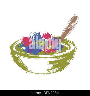 Une illustration expressive peinte à la main avec un coup de pinceau représentant un bol de salade de fruits colorée avec diverses baies et une cuillère sur un fond blanc épuré Illustration de Vecteur