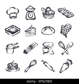 Une collection expressive d'illustrations peintes à la main par coups de pinceau mettant en scène des articles de boulangerie essentiels, des outils de pâtisserie et des équipements de cuisine sur un b épuré Illustration de Vecteur