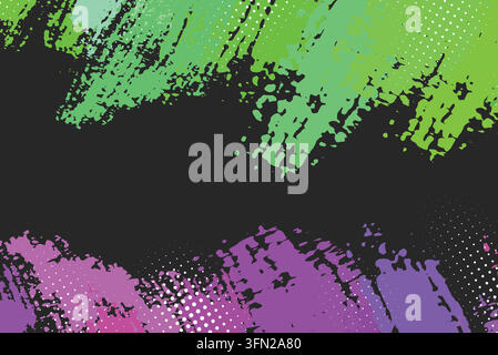 Modèle vectoriel frappant mettant en vedette des coups de pinceau néon vert vif et violet riche accentués de motifs de points demi-ton blancs sur un fond bleu profond Illustration de Vecteur