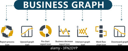 Infographie vectorielle de graphique d'affaires avec en-tête central et sept icônes d'entreprise pour le processus de rapport, la montée, le diagramme en camembert, la diminution et le flux de travail. Illustration de Vecteur