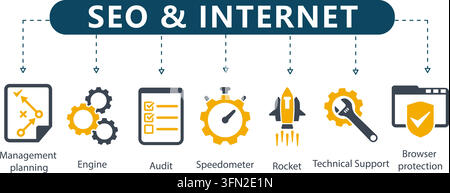 Infographie vectorielle SEO et Internet avec en-tête central et sept icônes pour la planification de gestion, moteur, audit, compteur de vitesse, fusée et support. Illustration de Vecteur