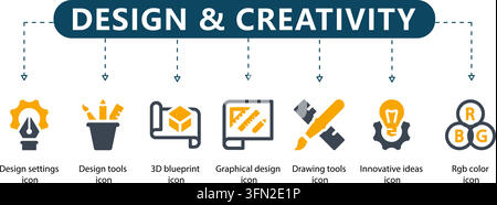Infographie vectorielle sur le design et la créativité avec en-tête central et sept icônes créatives pour les paramètres, les outils, le plan 3D, les graphiques, les idées et RGB Illustration de Vecteur