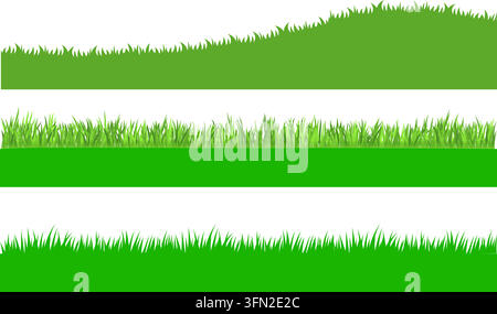 Ensemble de vectors d'herbe verte comprenant trois silhouettes différentes de pelouse et de champ sans couture avec des textures de feuilles sur fond blanc isolé. Illustration de Vecteur