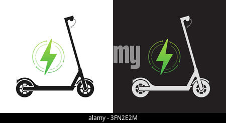 Ensemble d'icônes vectorielles pour scooters électriques comprenant des scooters à pied noirs et blancs avec des symboles de foudre verts de charge sur un fond clair et foncé divisé Illustration de Vecteur