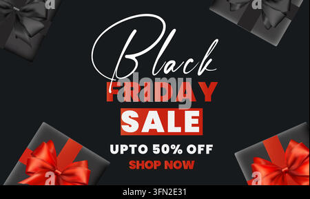 Bannière vectorielle de vente du Black Friday avec texte "jusqu'à 50 % de réduction", bouton "Acheter maintenant" et boîtes cadeaux noires décorées avec des rubans rouges sur fond sombre. Illustration de Vecteur
