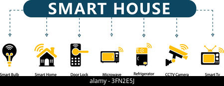 Infographique vectorielle de maison intelligente avec sept icônes noires et jaunes représentant une ampoule intelligente, une maison intelligente, une serrure de porte, un micro-ondes, un réfrigérateur et une caméra de surveillance. Illustration de Vecteur