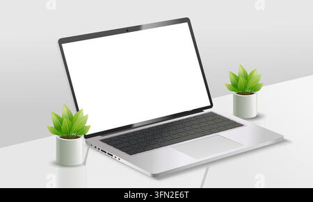 Modèle vectoriel de maquette de laptop présentant un ordinateur argenté ouvert avec un écran blanc vierge sur un bureau flanqué de petites plantes vertes en pot. Illustration de Vecteur