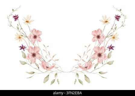 Cadre floral en forme de U peint à l'aquarelle avec des fleurs rose pâle, des marguerites moutard, de petites boutons sombres et des feuilles séchées dans une palette chaude et atténuée isolée Banque D'Images