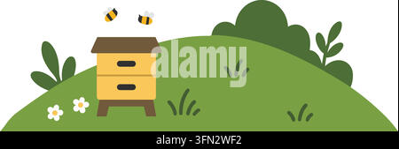 Illustration plate d'une petite colline herbeuse avec une ruche en bois, des abeilles volantes, des fleurs blanches et des plantes feuillues Illustration de Vecteur