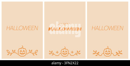 Ensemble de modèles de cartes de vœux Halloween au point de croix. Arrière-plans d'art folklorique à broder effrayants. Layouts d'invitations numériques personnalisables avec bordure de citrouille Illustration de Vecteur