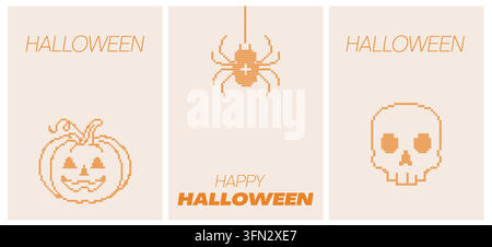 Ensemble de modèles de cartes de vœux d’Halloween au point de croix. Fonds d’art populaire de broderie orange effrayants. Dispositions d’invitations numériques avec citrouille, épouvantail suspendu Illustration de Vecteur