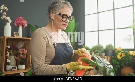 Fleuriste en tablier essuie de grandes feuilles de plantes avec des mains gantées et un chiffon orange à côté de plantes en pot et d'étagères dans un studio ; soin calme. Banque D'Images