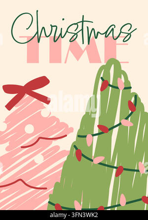 Carte de Noël avec arbres et guirlande dessinés à la main pour un design minimaliste des fêtes hivernales Illustration de Vecteur