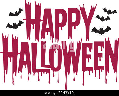Texte de vœux joyeux d'Halloween avec éclaboussures de sang et chauves-souris Illustration vectorielle. Illustration de Vecteur