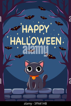 Joli chat noir Modèle de carte de vœux Joyeux Halloween Illustration de Vecteur