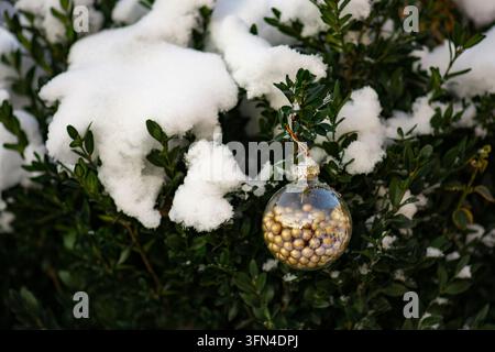 Baume transparent rond avec un cordon tressé décoratif en guise de suspension contenant un groupe de petites sphères dorées mates visibles à travers la surface en verre. Banque D'Images