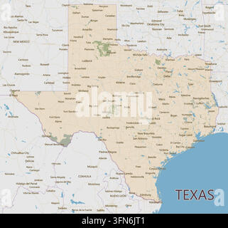 Affiche de carte géographique détaillée du Texas, États-Unis, présentant les frontières de l'État, les grandes villes, le réseau autoroutier et les parcs nationaux en vert Illustration de Vecteur
