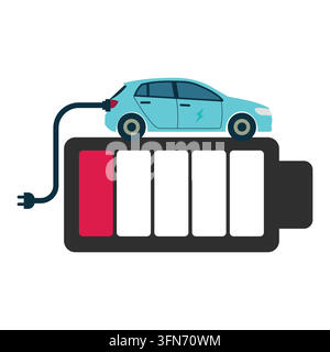 Un véhicule électrique bleu garé sur une grande icône de batterie faible tout en étant branché à un câble, représentant le concept de recharge de VE et de niveau de puissance. Illustration de Vecteur