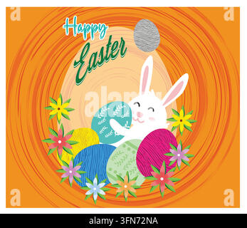 Joli lapin de Pâques avec des œufs et des fleurs décorés de couleurs vives. Mise en évidence de la célébration de Pâques avec une atmosphère joyeuse et heureuse sur un fond orange vif Illustration de Vecteur