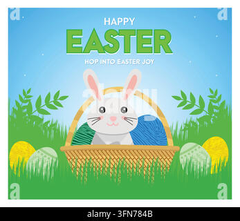 Lapin adorable assis dans un panier de Pâques tressé parmi des œufs peints et une verdure luxuriante, parfait pour les célébrations de Pâques et les thèmes de conception de vacances. Plat v Illustration de Vecteur
