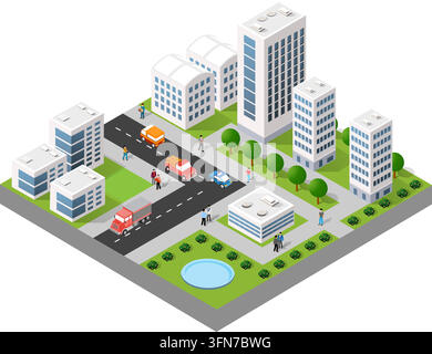 Illustration vectorielle isométrique d'un îlot urbain mettant en scène des immeubles blancs modernes en hauteur, des rues avec circulation automobile, des arbres verts et des zones piétonnes Illustration de Vecteur