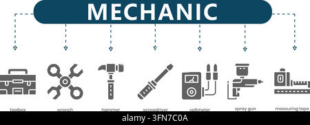 Ensemble de vecteurs mécaniciens comprenant des icônes grises pour les concepts de boîte à outils, clé, marteau, tournevis, voltmètre, pistolet à pulvériser et mètre ruban. Illustration de Vecteur