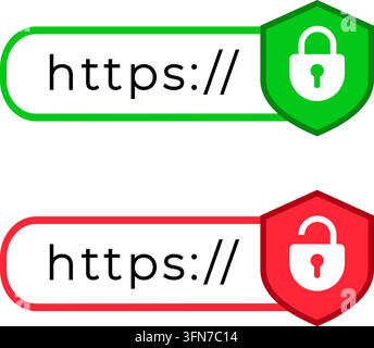 Bannières vectorielles de connexion Web sécurisée HTTPS et non sécurisée mettant en avant des symboles de bouclier verrouillé vert et de cadenas déverrouillé rouge pour la sécurité Internet. Illustration de Vecteur