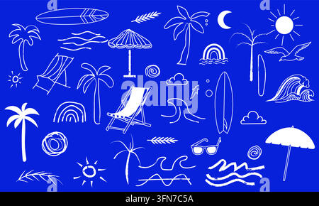 Ensemble vectoriel de gribouillis d'été et de plage comprenant des icônes de vacances dessinées à la main en blanc, dont des palmiers, des planches à surf, des chaises longues et des vagues sur fond bleu. Illustration de Vecteur