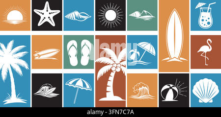 Infographie vectorielle été et plage avec une grille colorée d'icônes plates blanches de vacances comprenant des palmiers, des planches à surfer, des coquillages et des soleils. Illustration de Vecteur
