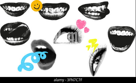 Collage vectorielle graphique présentant des lèvres de style demi-ton vintage, des bouches souriantes, des yeux détaillés et des icônes pop art colorées sur fond blanc. Illustration de Vecteur