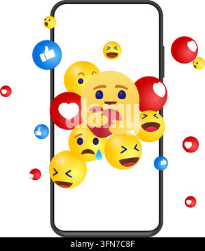 Infographie vectorielle sur les médias sociaux et les retours des clients mettant en vedette un smartphone entouré d'emojis flottants, de pouces levés et d'icônes de réaction en forme de cœur. Illustration de Vecteur