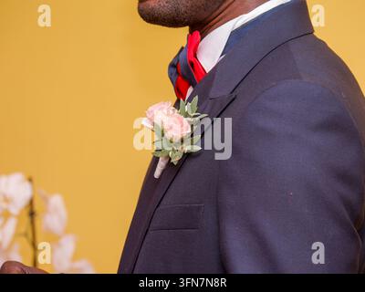 Homme portant un costume bleu foncé avec un nœud papillon rouge et un boutonnière rose sur le revers. Banque D'Images
