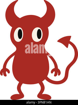 Illustration plate d'un diable de dessin animé rouge avec des cornes courbées, de grands yeux ovales, de petits bras, des pieds arrondis et une longue queue en forme de flèche recourbée Illustration de Vecteur
