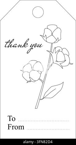 Étiquette de remerciement élégante avec un dessin linéaire floral de fleurs et de feuilles. Comprend des champs « À » et « De », parfait pour les cartes de remerciement, les cadeaux, les cadeaux de fête Illustration de Vecteur