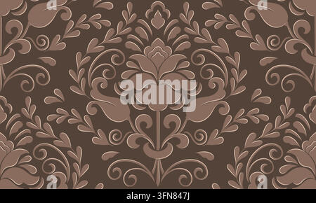 Motif damassé floral brun tonal sans couture avec volutes. Ornement classique vintage en taupe chaud et brun foncé. Illustration vectorielle élégante pour Illustration de Vecteur